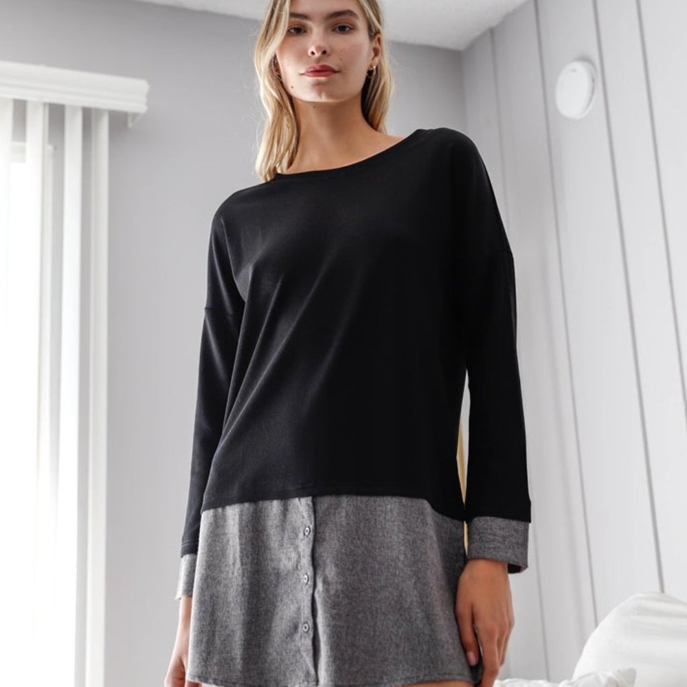 Women's Black Crew Neck Casual Stylish Knit Combo Long Sleeve Sweater Dress NWT